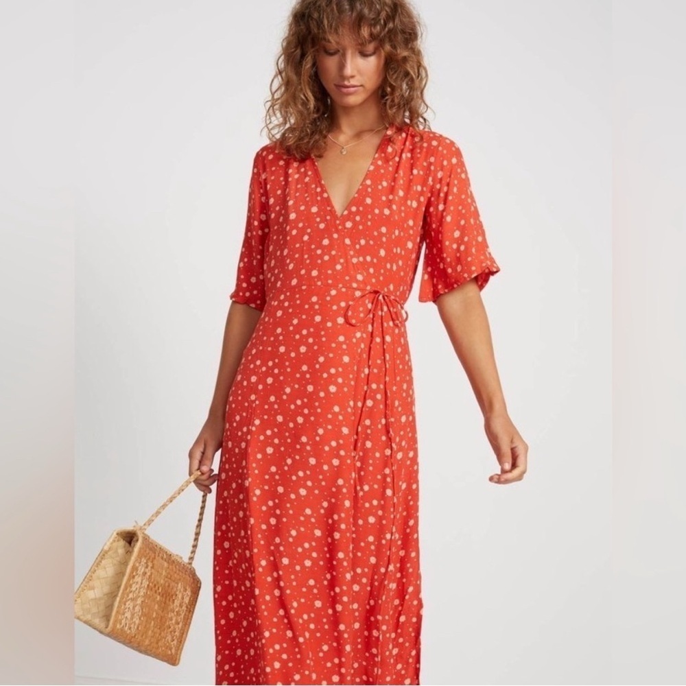 Faithfull The Brand Anthropologie Sarika Red Floral Wrap Midi Dress | Size 4